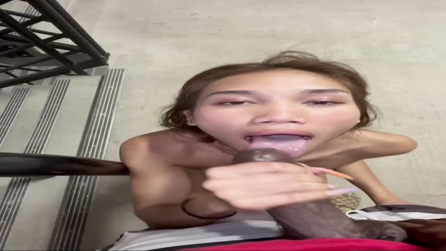 Petite asian girl got her face covered in the stairway
